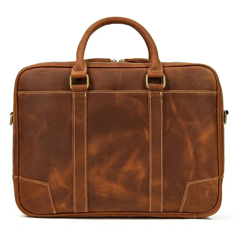 Men’s Crazy Horse Leather Briefcase – Brown Double Compartment