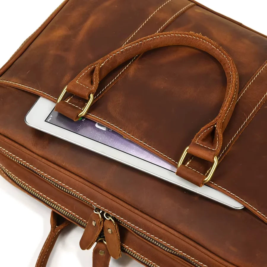 Men’s Crazy Horse Leather Briefcase – Brown Double Compartment