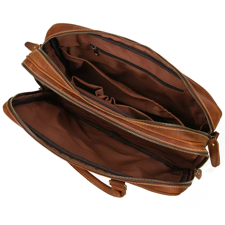 Men’s Crazy Horse Leather Briefcase – Brown Double Compartment