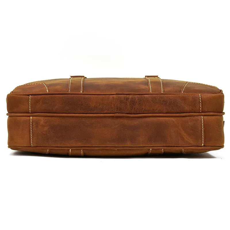 Men’s Crazy Horse Leather Briefcase – Brown Double Compartment