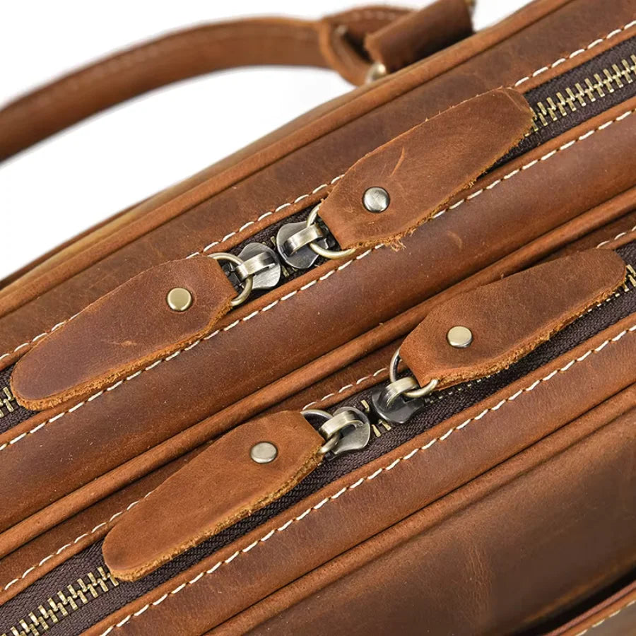 Men’s Crazy Horse Leather Briefcase – Brown Double Compartment
