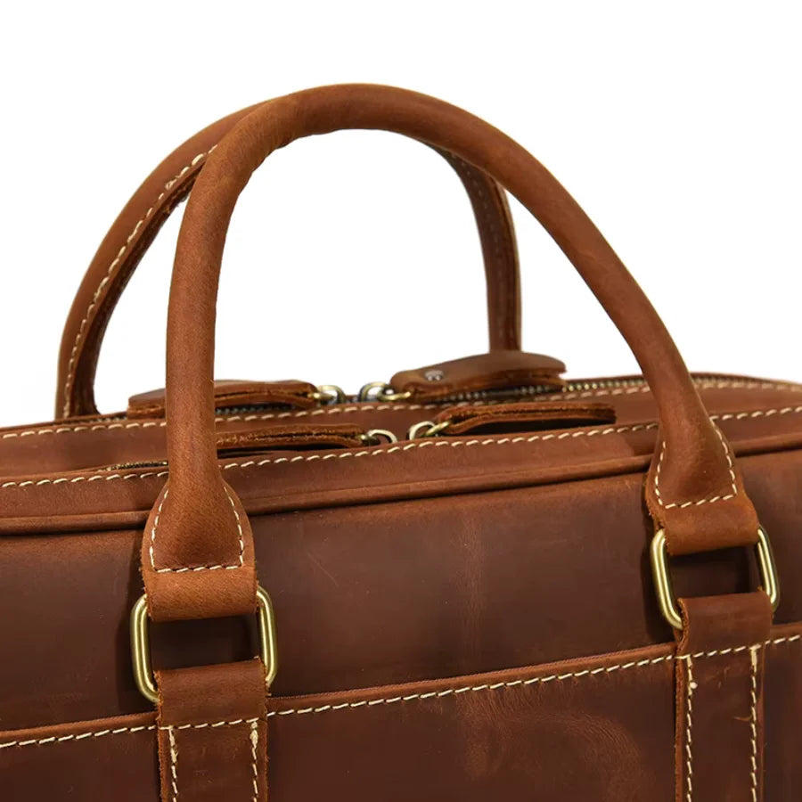 Men’s Crazy Horse Leather Briefcase – Brown Double Compartment