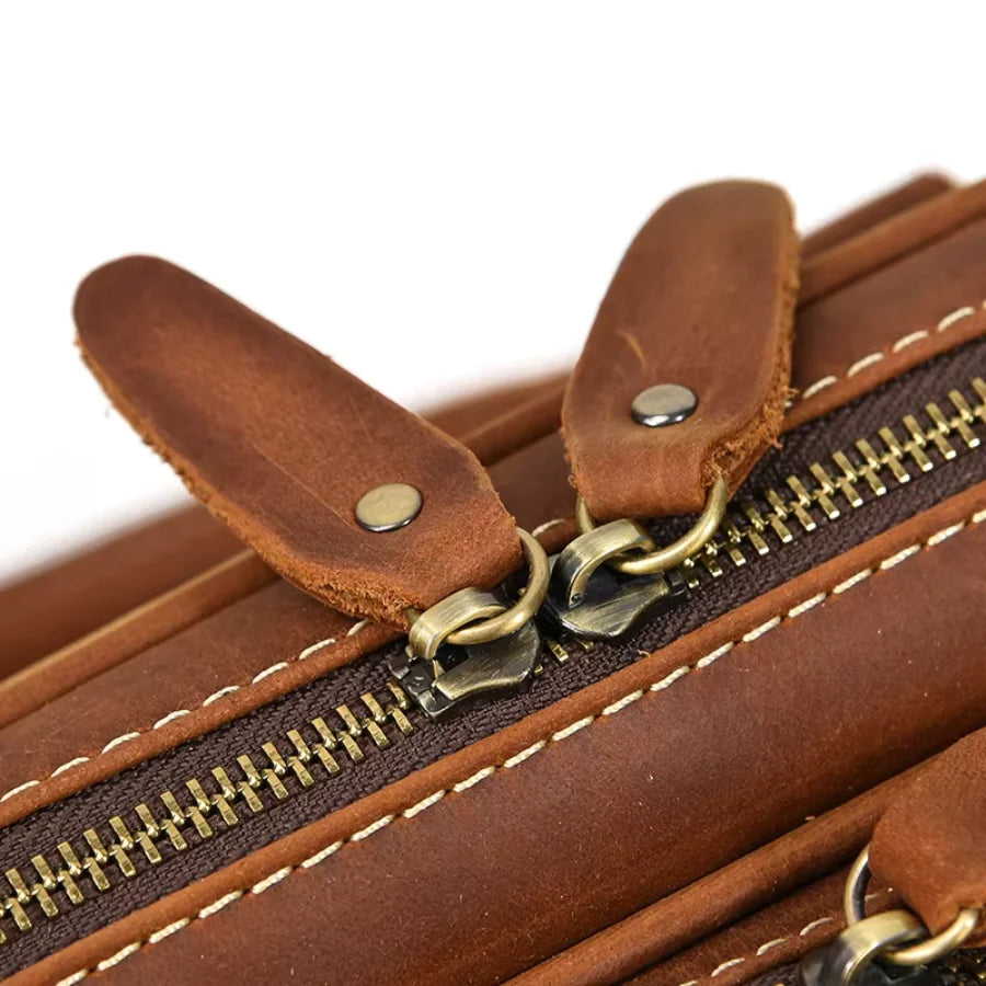 Men’s Crazy Horse Leather Briefcase – Brown Double Compartment
