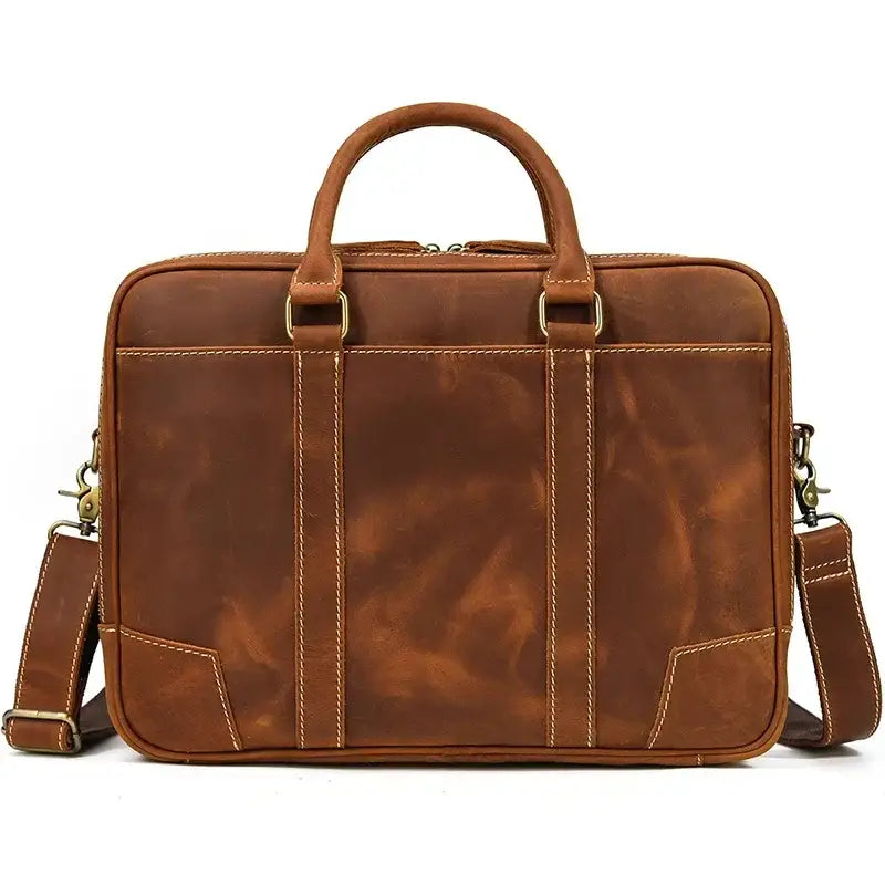 Men's Crazy Horse Leather Briefcase – Brown Double Compartment