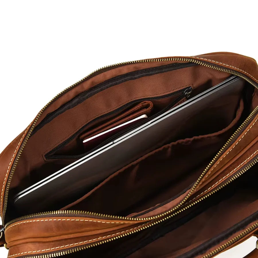 Men’s Crazy Horse Leather Briefcase – Brown Double Compartment