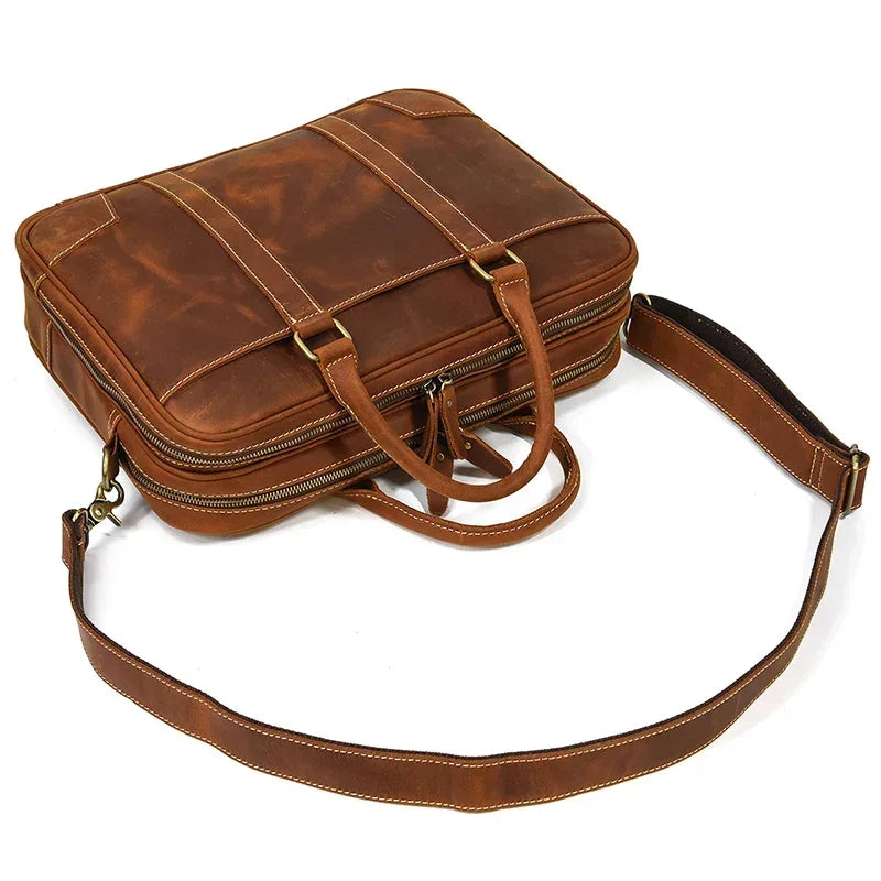 Men’s Crazy Horse Leather Briefcase – Brown Double Compartment