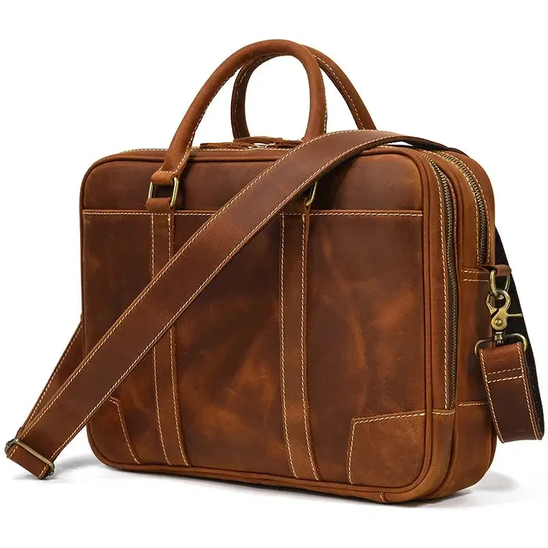 Men’s Crazy Horse Leather Briefcase – Brown Double Compartment