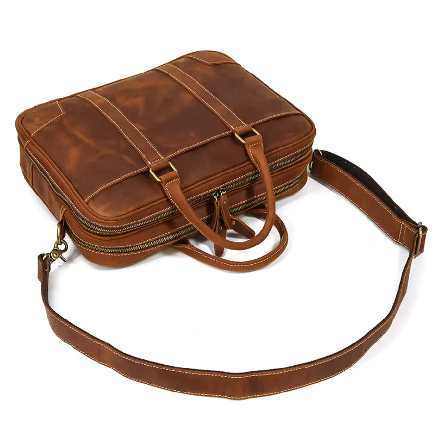 Men’s Crazy Horse Leather Briefcase – Brown Double Compartment