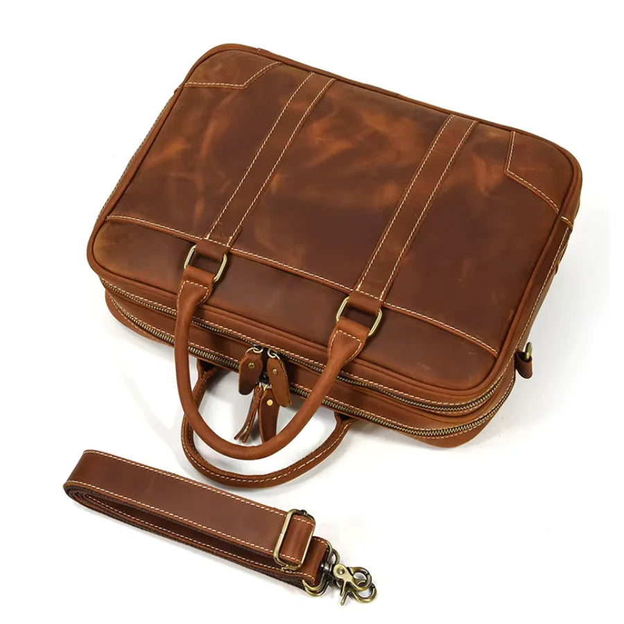 Men’s Crazy Horse Leather Briefcase – Brown Double Compartment