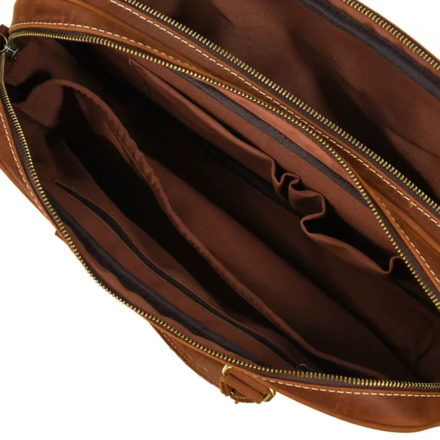 Men’s Crazy Horse Leather Briefcase – Brown Double Compartment