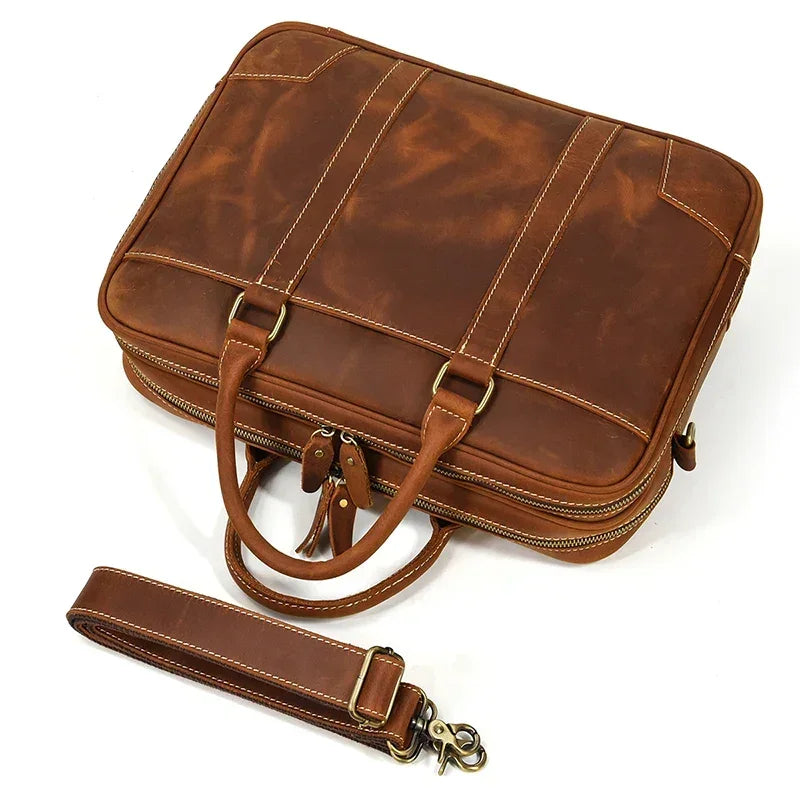 Men’s Crazy Horse Leather Briefcase – Brown Double Compartment