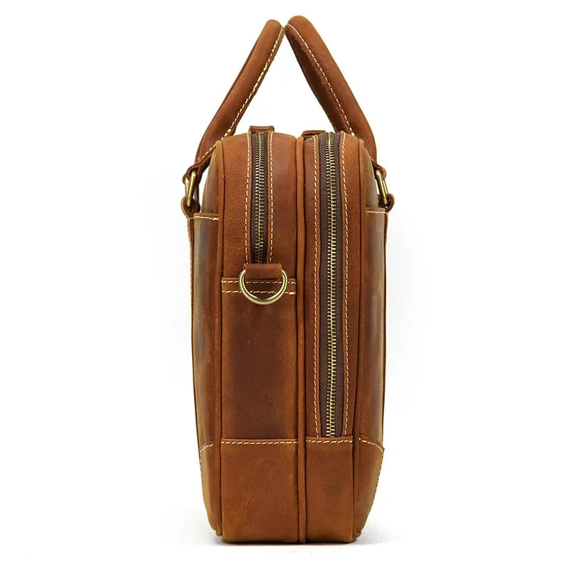 Men’s Crazy Horse Leather Briefcase – Brown Double Compartment