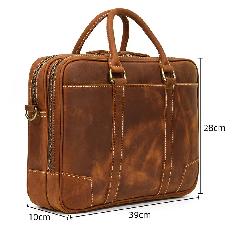 Men’s Crazy Horse Leather Briefcase – Brown Double Compartment