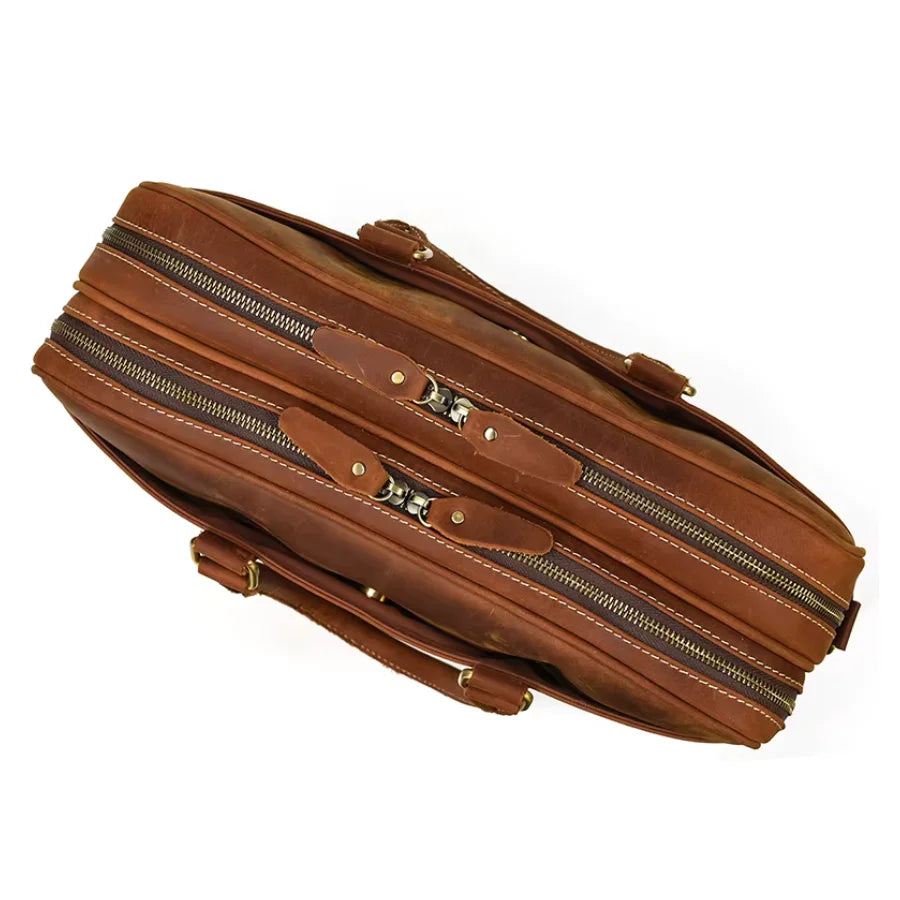 Men’s Crazy Horse Leather Briefcase – Brown Double Compartment