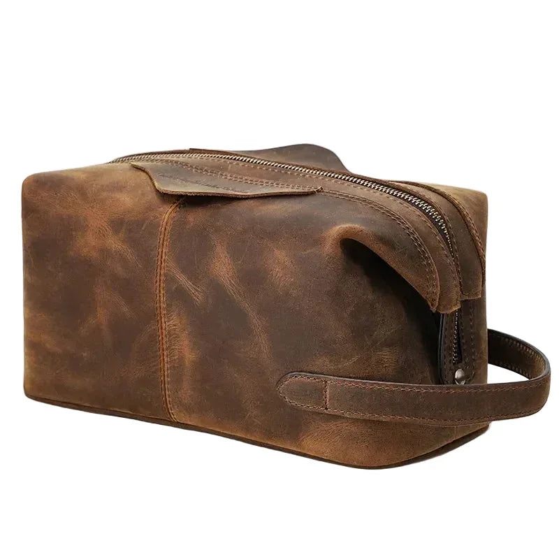 Men’s Crazy Horse Leather Toiletry Bag - Large Dopp Kit - Brown