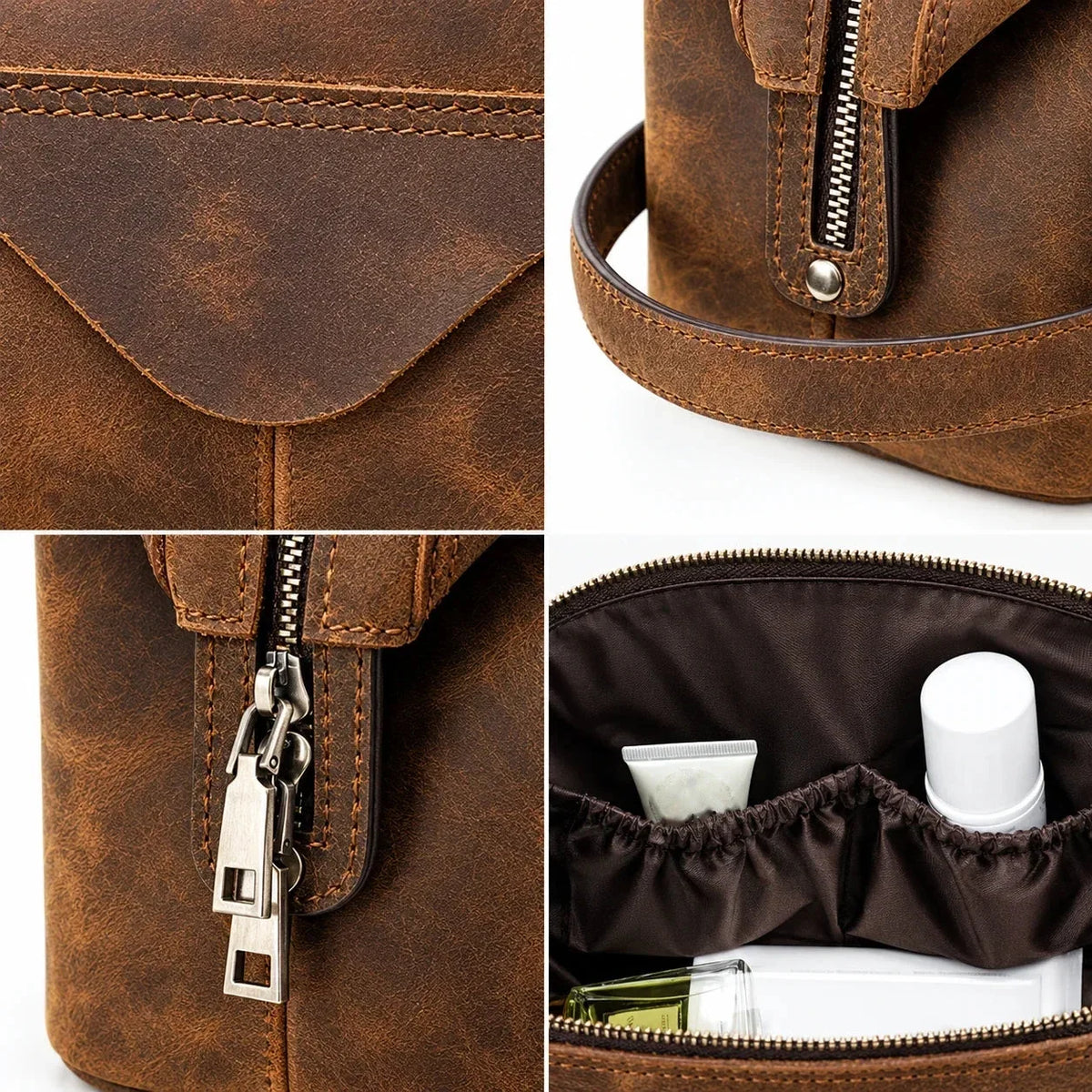 Men’s Crazy Horse Leather Toiletry Bag - Large Dopp Kit - Brown