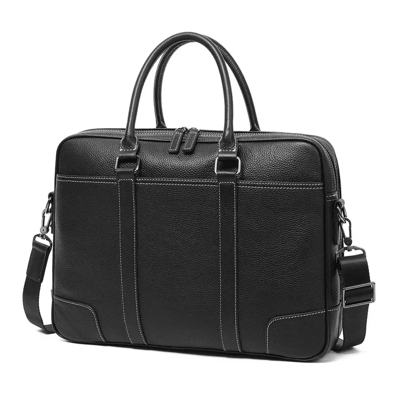 Men’s Double-Zip Leather Briefcase - Black Pebbled Cowhide with Document Section