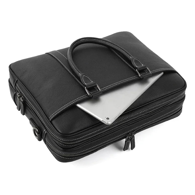 Men’s Double-Zip Leather Briefcase - Black Pebbled Cowhide with Document Section
