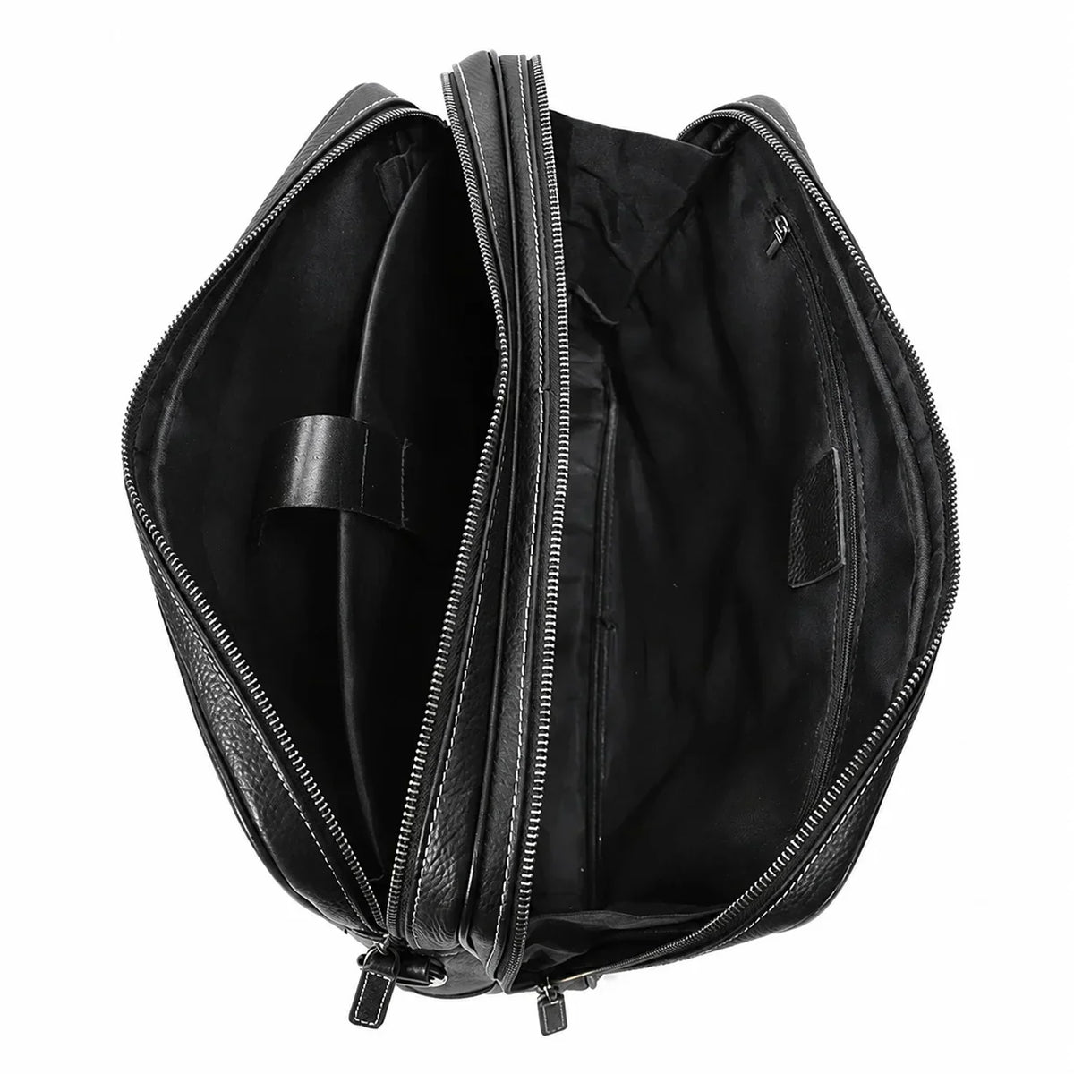 Men’s Double-Zip Leather Briefcase - Black Pebbled Cowhide with Document Section