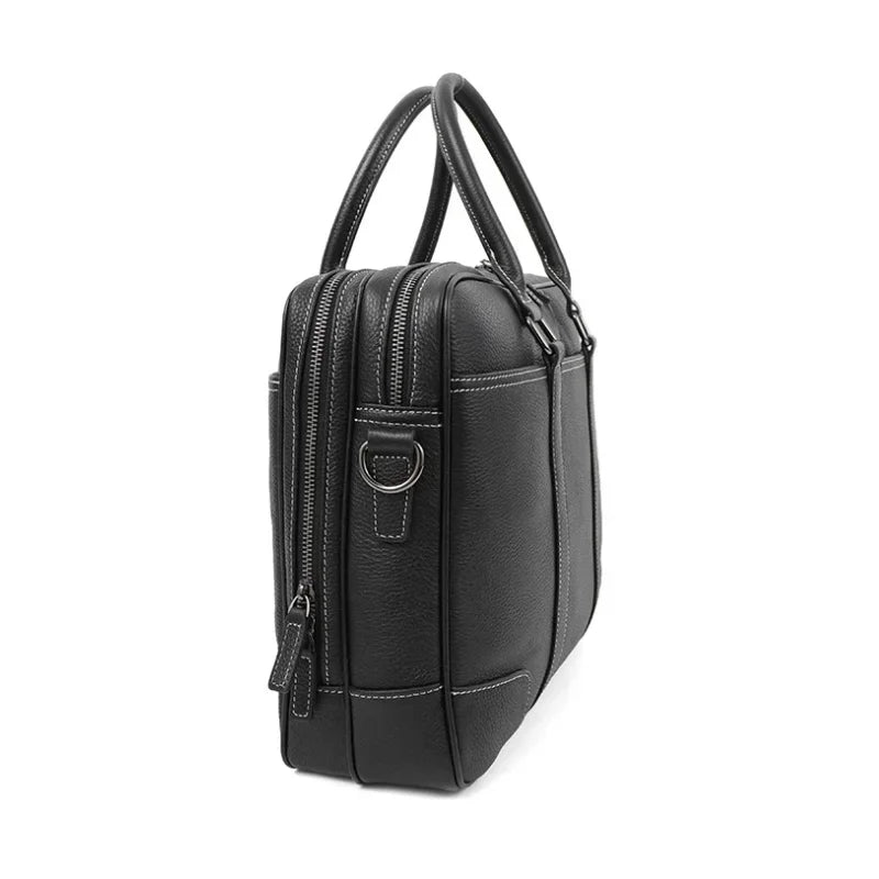 Men’s Double-Zip Leather Briefcase - Black Pebbled Cowhide with Document Section