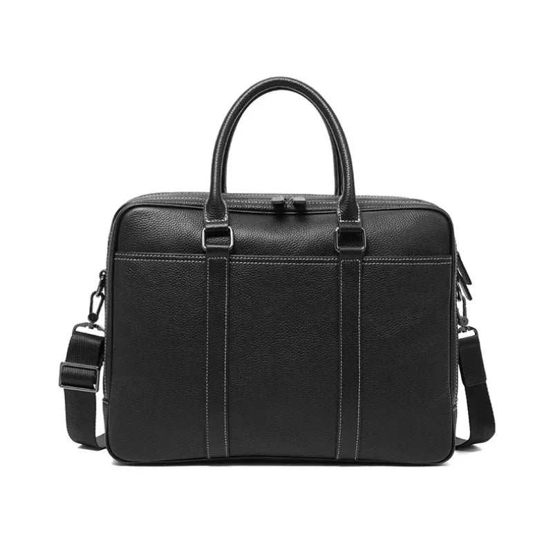 Men’s Double-Zip Leather Briefcase - Black Pebbled Cowhide with Document Section