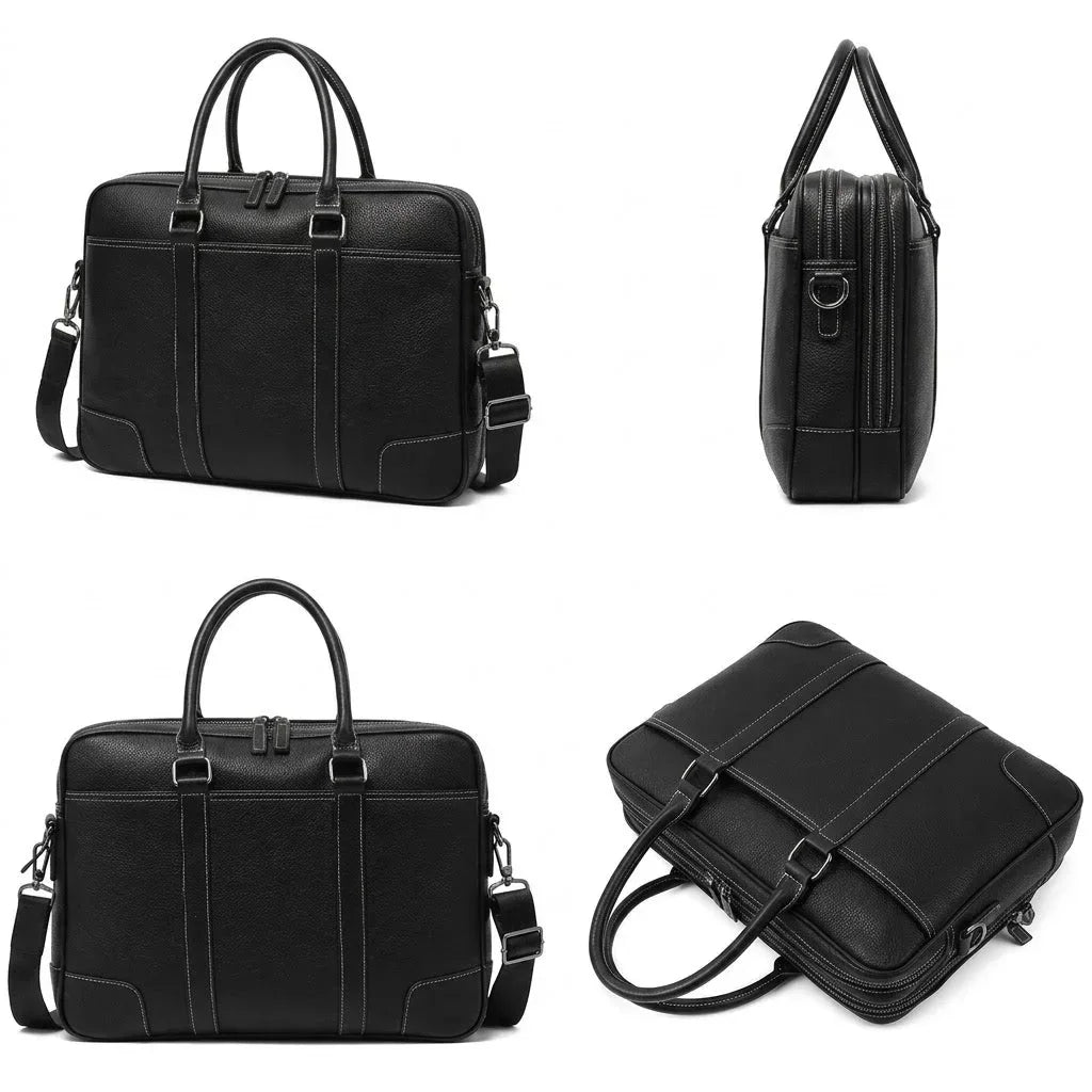 Men’s Double-Zip Leather Briefcase - Black Pebbled Cowhide with Document Section