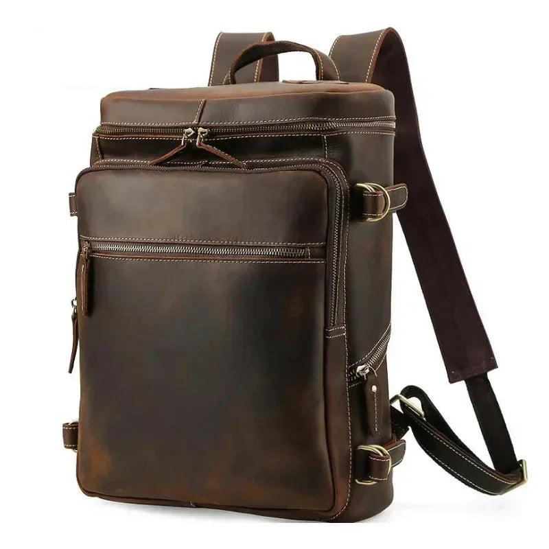 Men’s Full-Grain Cowhide Leather Backpack – Vintage Work & Daily Carry Bag - Brown