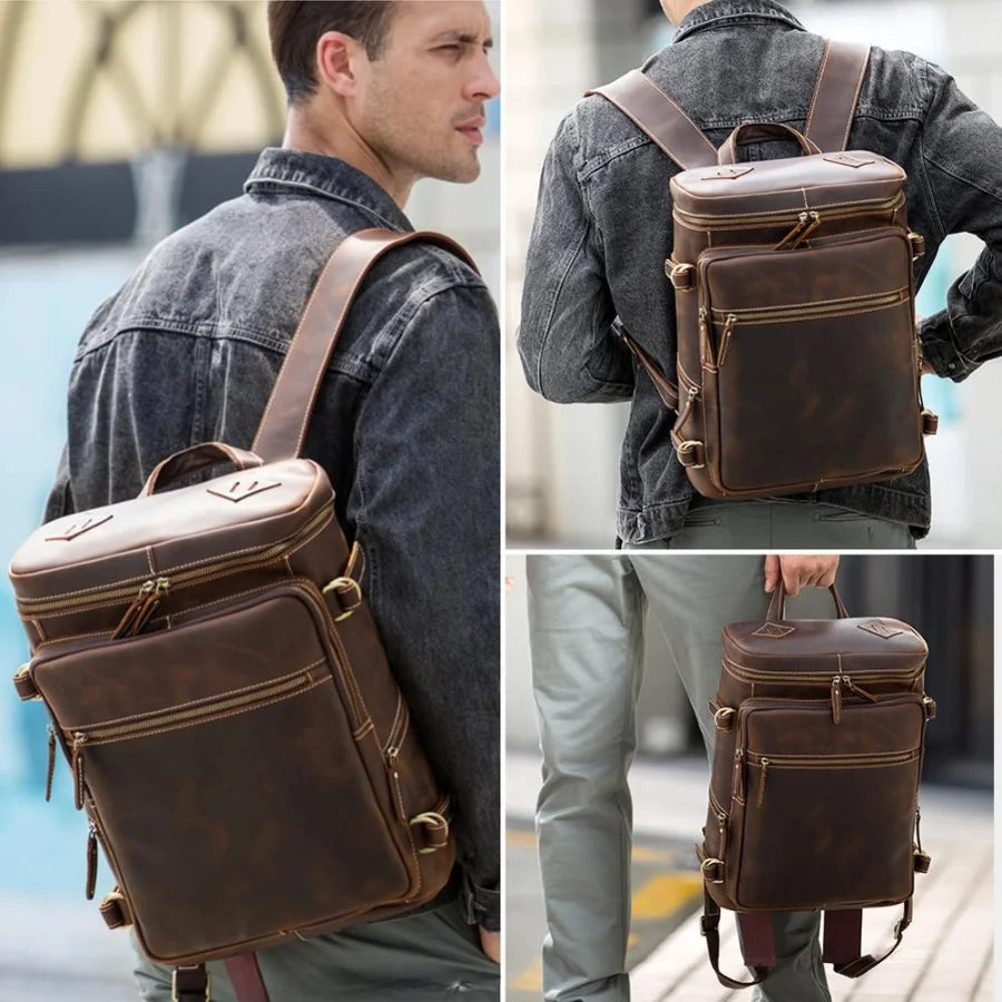Men’s Full-Grain Cowhide Leather Backpack – Vintage Work & Daily Carry Bag