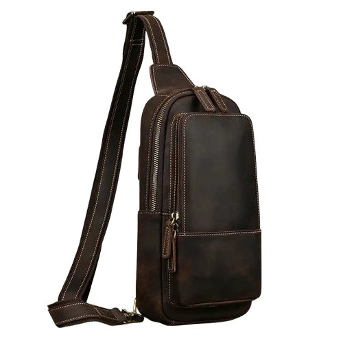 Men’s Full Grain Leather Sling Bag – Crazy Horse One Strap Pack - Dark brown