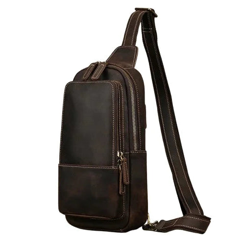 Men’s Full Grain Leather Sling Bag – Crazy Horse One Strap Pack - Dark brown