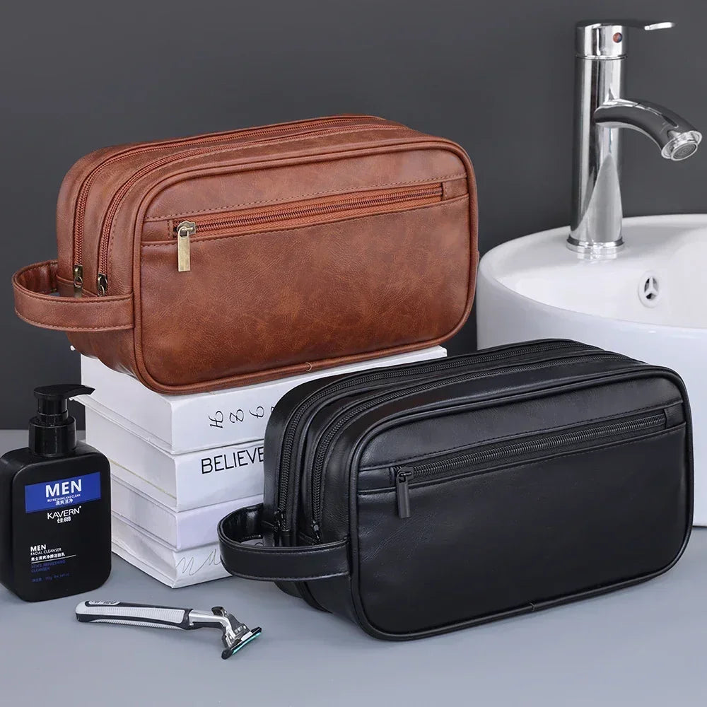 Men’s Large Toiletry Bag - Vegan Leather 3-Compartment Travel Case
