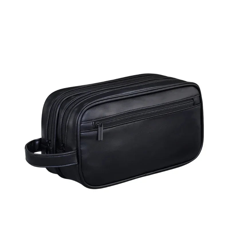 Men’s Large Toiletry Bag - Vegan Leather 3-Compartment Travel Case - Black