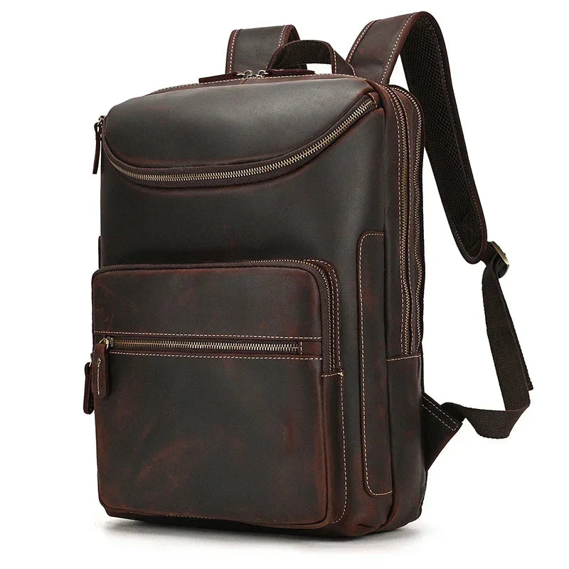 Men’s Leather Backpack - Front-Pocket 15’’ Laptop Bag - Dark brown