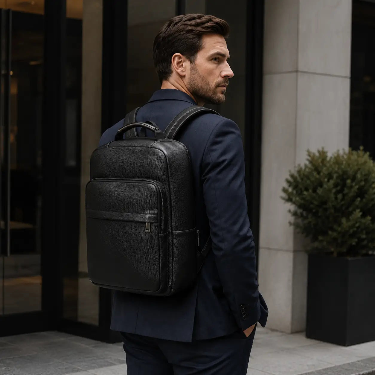 Men’s Leather Backpack - Structured Black 15’’ Laptop Bag