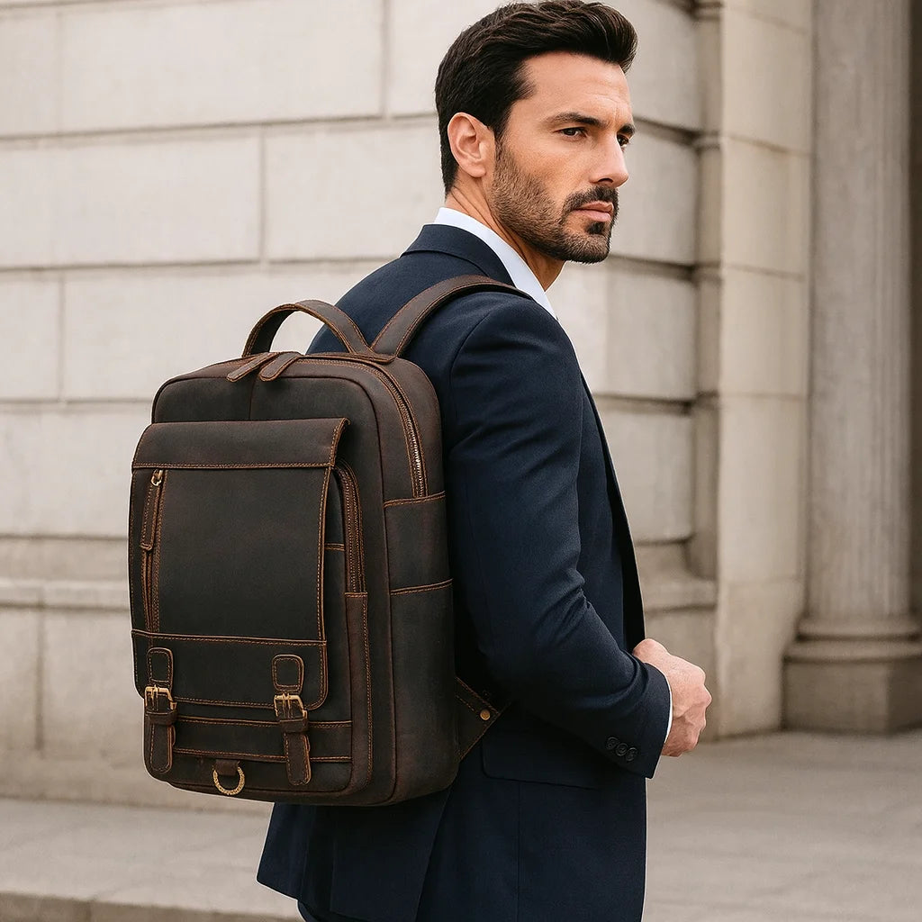 Men’s Leather Backpack – Vintage Multi-Compartment Work Bag