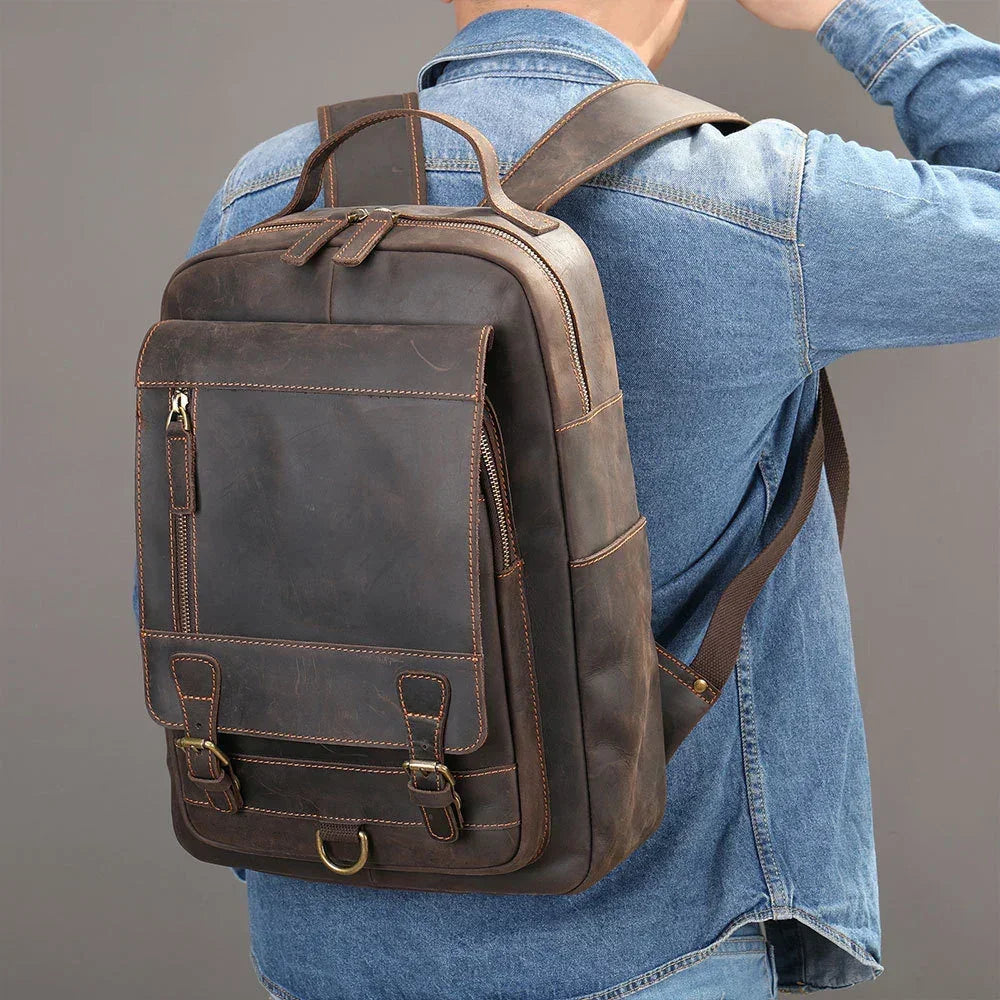 Men’s Leather Backpack – Vintage Multi-Compartment Work Bag
