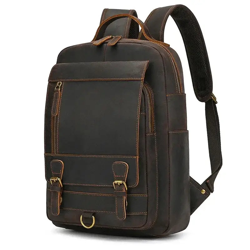 Men’s Leather Backpack – Vintage Multi-Compartment Work Bag - Dark brown