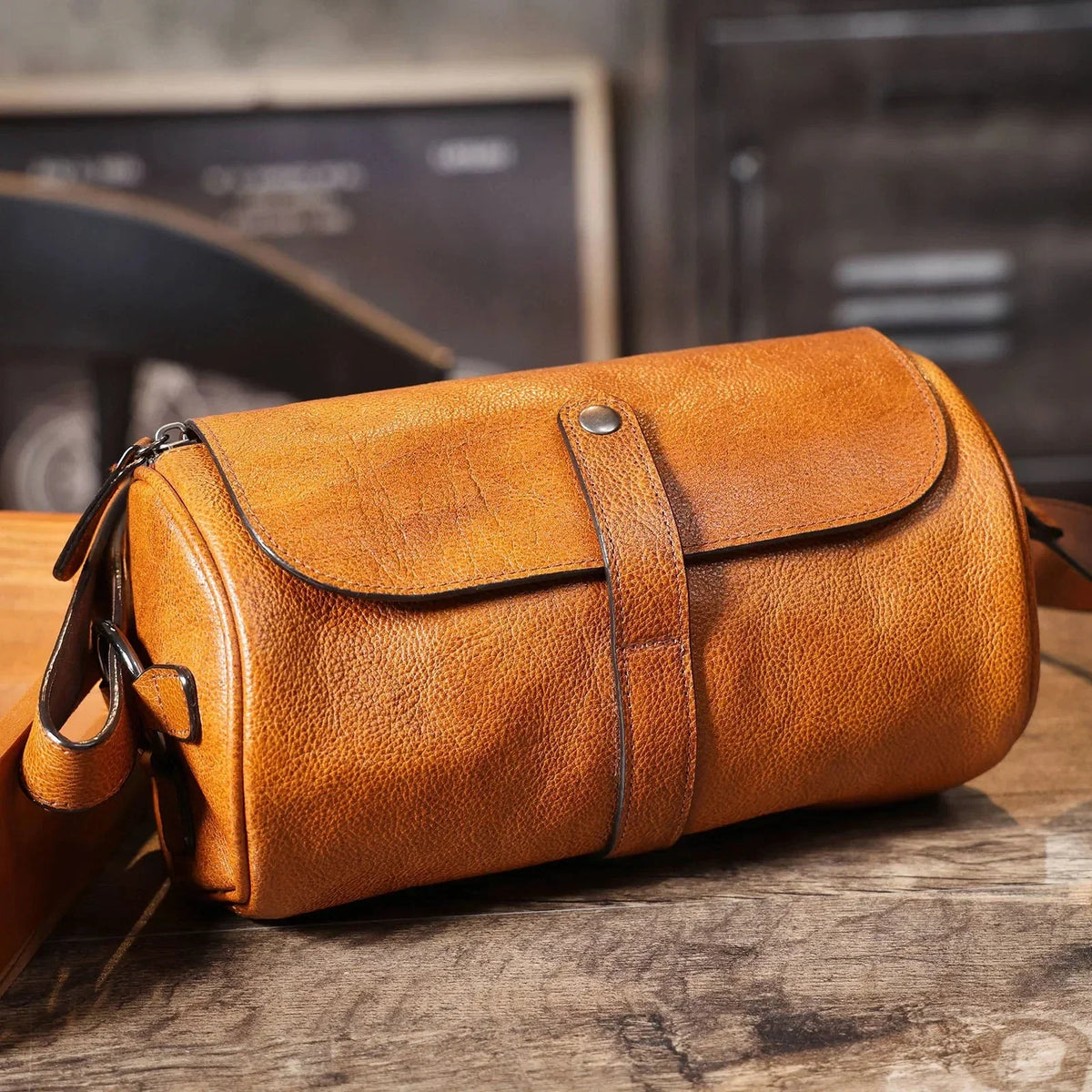 Men’s Leather Barrel Bag - Mini Cylinder Crossbody with Flap