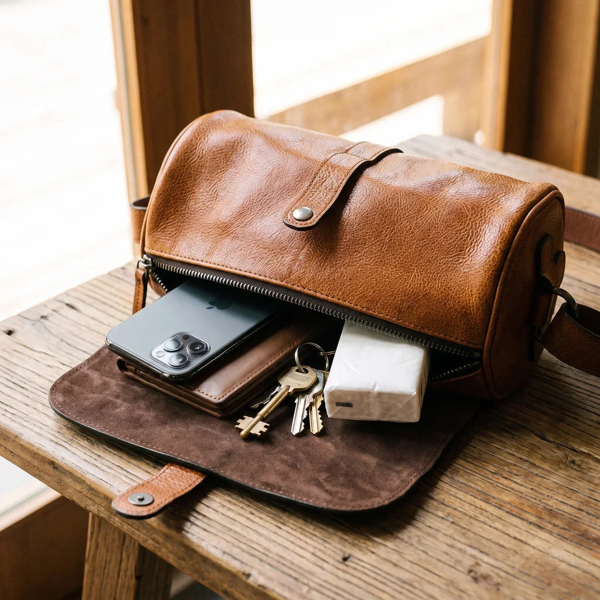 Men’s Leather Barrel Bag - Mini Cylinder Crossbody with Flap