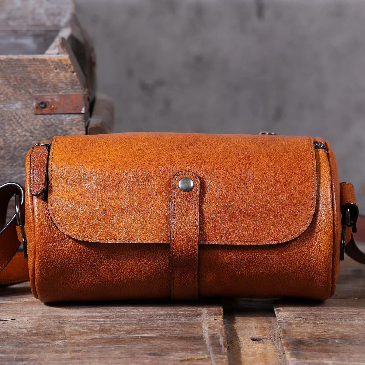 Men’s Leather Barrel Bag - Mini Cylinder Crossbody with Flap