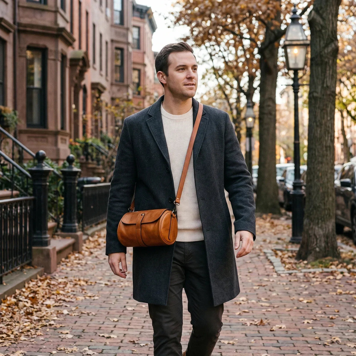 Men’s Leather Barrel Bag - Mini Cylinder Crossbody with Flap