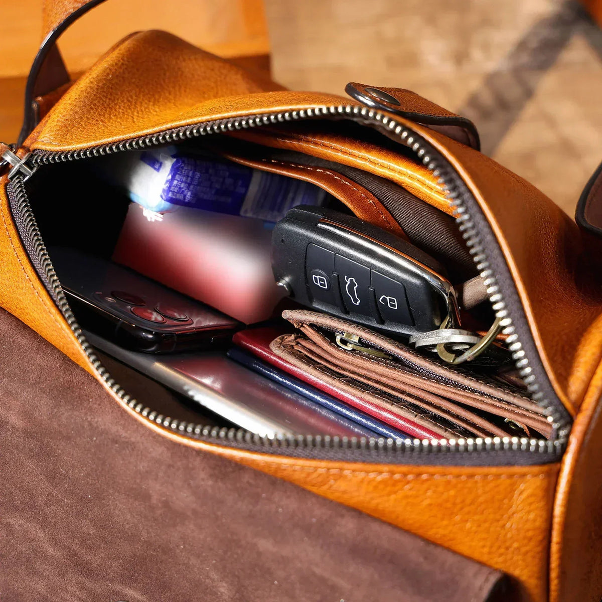 Men’s Leather Barrel Bag - Mini Cylinder Crossbody with Flap