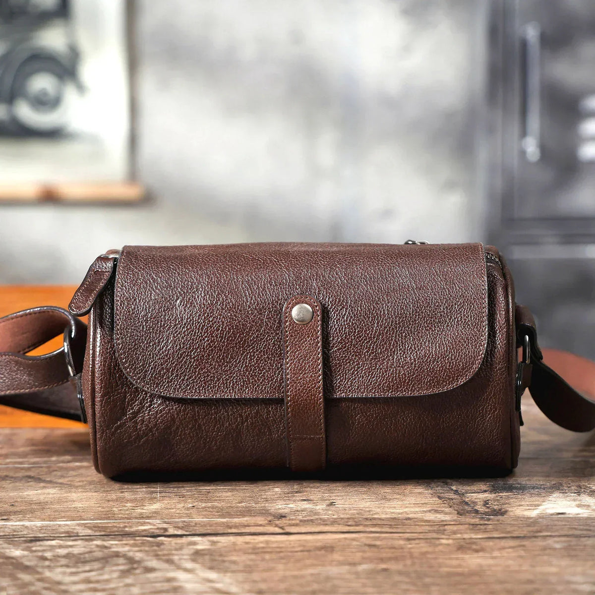 Men’s Leather Barrel Bag - Mini Cylinder Crossbody with Flap - Dark Brown