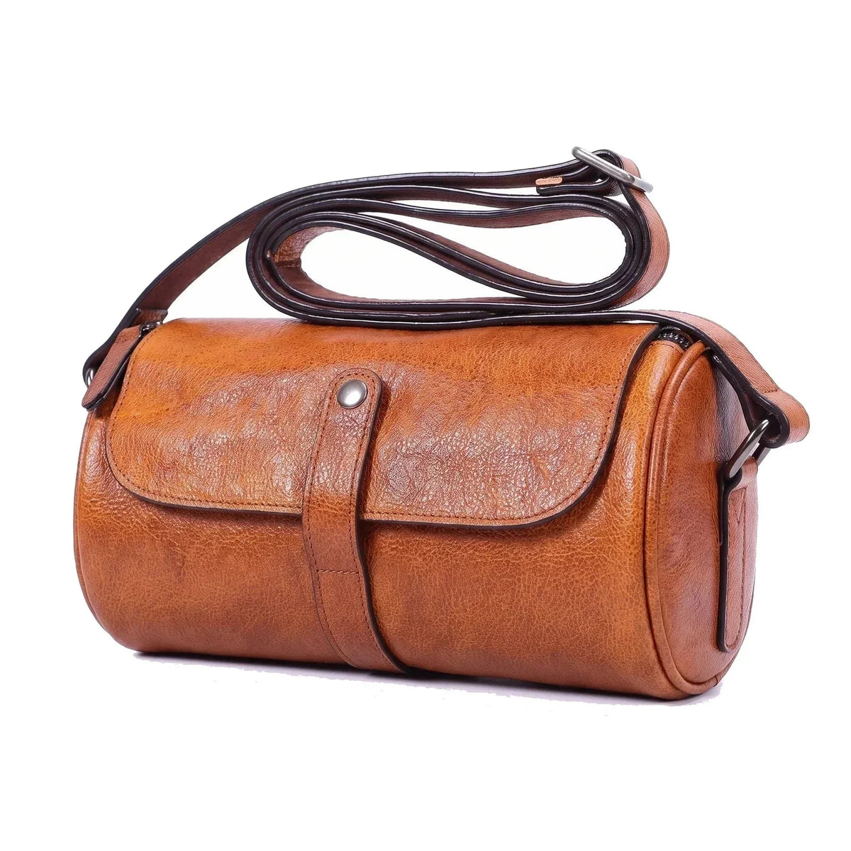 Men’s Leather Barrel Bag - Mini Cylinder Crossbody with Flap - Tan