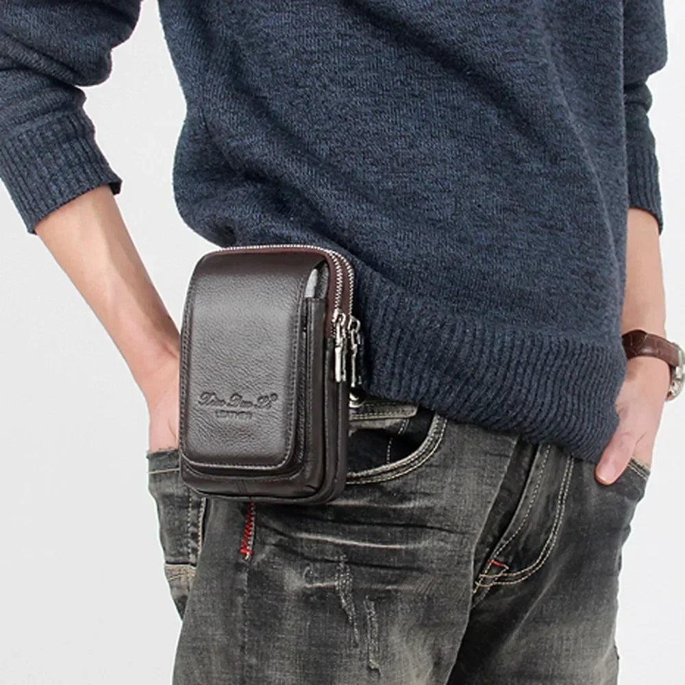 Men’s Leather Belt Bag - Slim Vertical Hip Pouch
