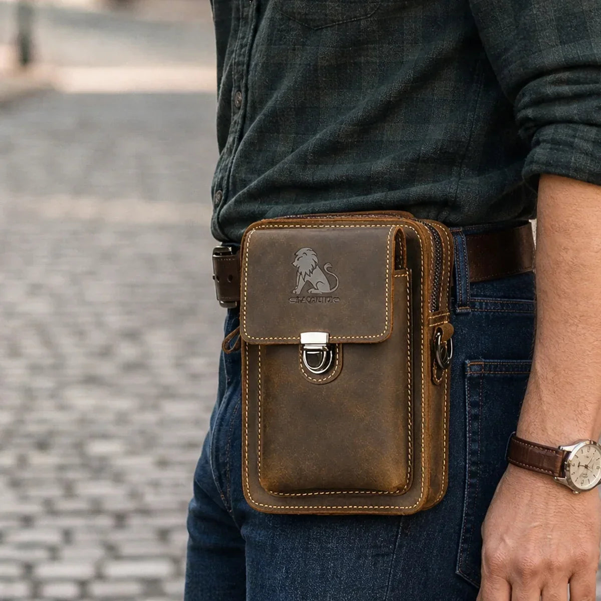 Men’s Leather Belt Phone Holster with Shoulder Strap