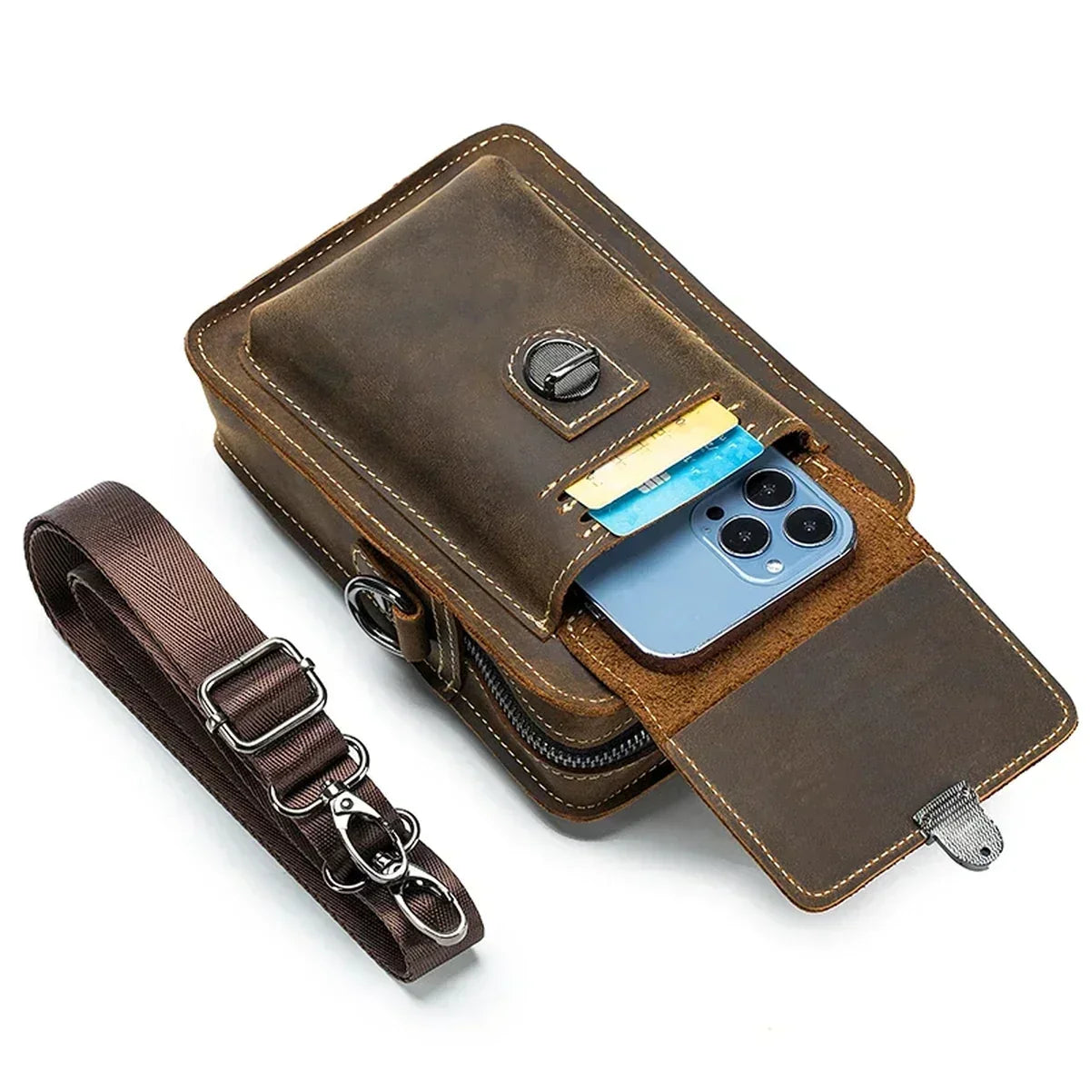 Men’s Leather Belt Phone Holster with Shoulder Strap