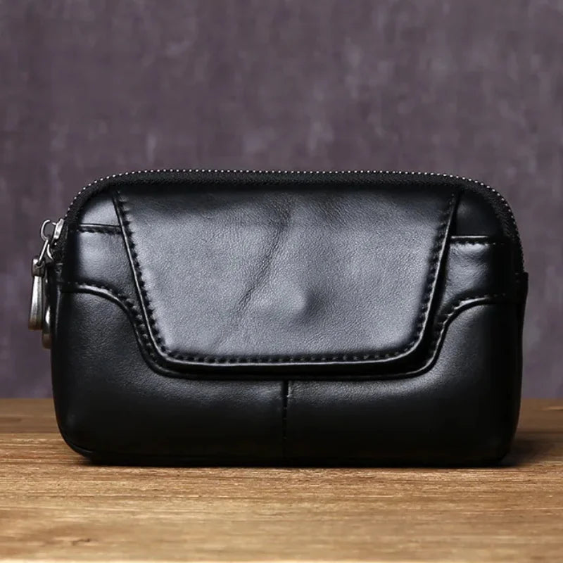 Men’s Leather Belt Pouch - 2-Compartment Zip Waist Bag