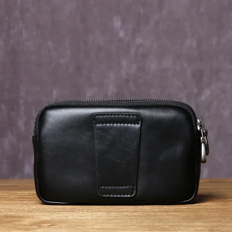 Men’s Leather Belt Pouch - 2-Compartment Zip Waist Bag