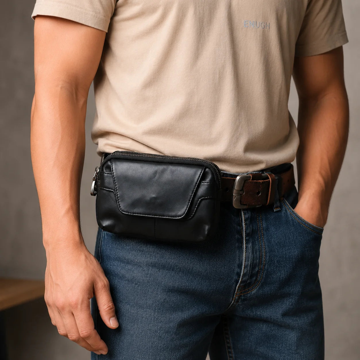 Men’s Leather Belt Pouch - 2-Compartment Zip Waist Bag